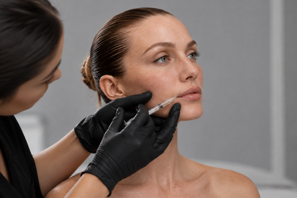 A close-up of a cosmetic injector administering a facial injection to a woman's lower face. The injector, wearing black gloves, holds a syringe against the woman's cheek.