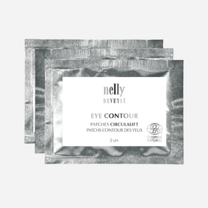 Nelly De Vuyst Eye Contour CirculaLift Patches, biodegradable eye patches for anti-aging, hydration, and brightening benefits, set on a clean, minimalist background highlighting eye care essentials.