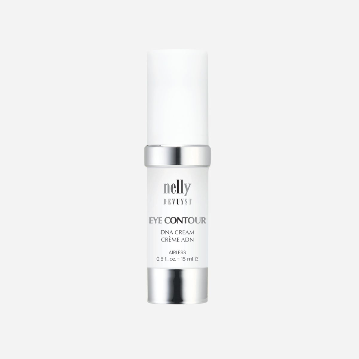 Nelly De Vuyst Anti-Aging Eye Contour DNA Cream, shown in an elegant container on a clean surface, emphasizing premium eye care for reducing fine lines and promoting hydration.