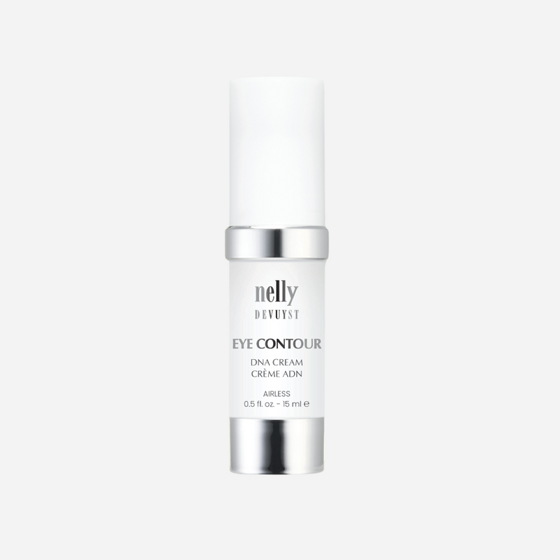 Nelly De Vuyst Anti-Aging Eye Contour DNA Cream, shown in an elegant container on a clean surface, emphasizing premium eye care for reducing fine lines and promoting hydration.