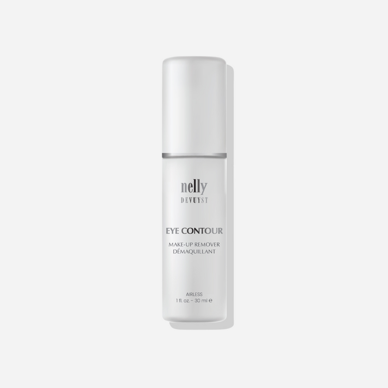 Nelly De Vuyst Gentle Eye Contour Makeup Remover in a sleek bottle on a soft background, showcasing its suitability for sensitive skin and eyelash extensions.