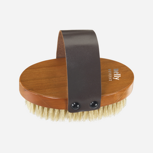 Nelly De Vuyst® Body Brush with natural boar bristles, designed for body care and exfoliation, displayed on a clean, minimalistic background.