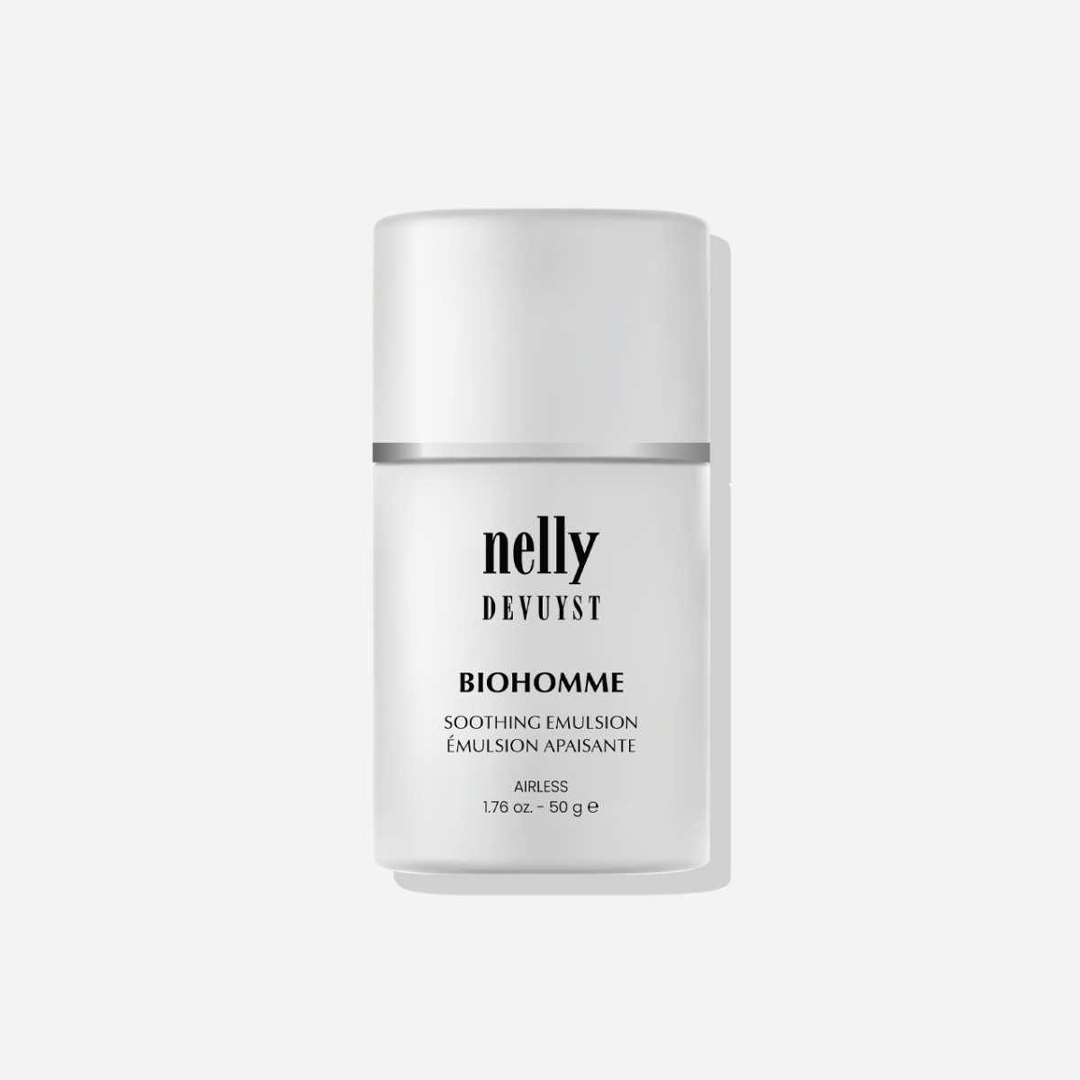 Bottle of BioHomme Soothing Emulsion, a gel-cream designed for men's sensitive skin, formulated to calm and prevent irritation.